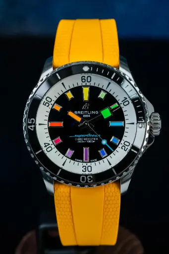 [A17375] Breitling SuperOcean 42 "Rainbow" Automatic Chronometer | Yellow Strap | A17375